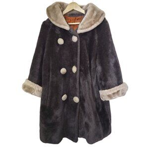 Vintage Brown Faux Fur Mid Length Coat w/ Button Front Closure - Union Made Sz 1
